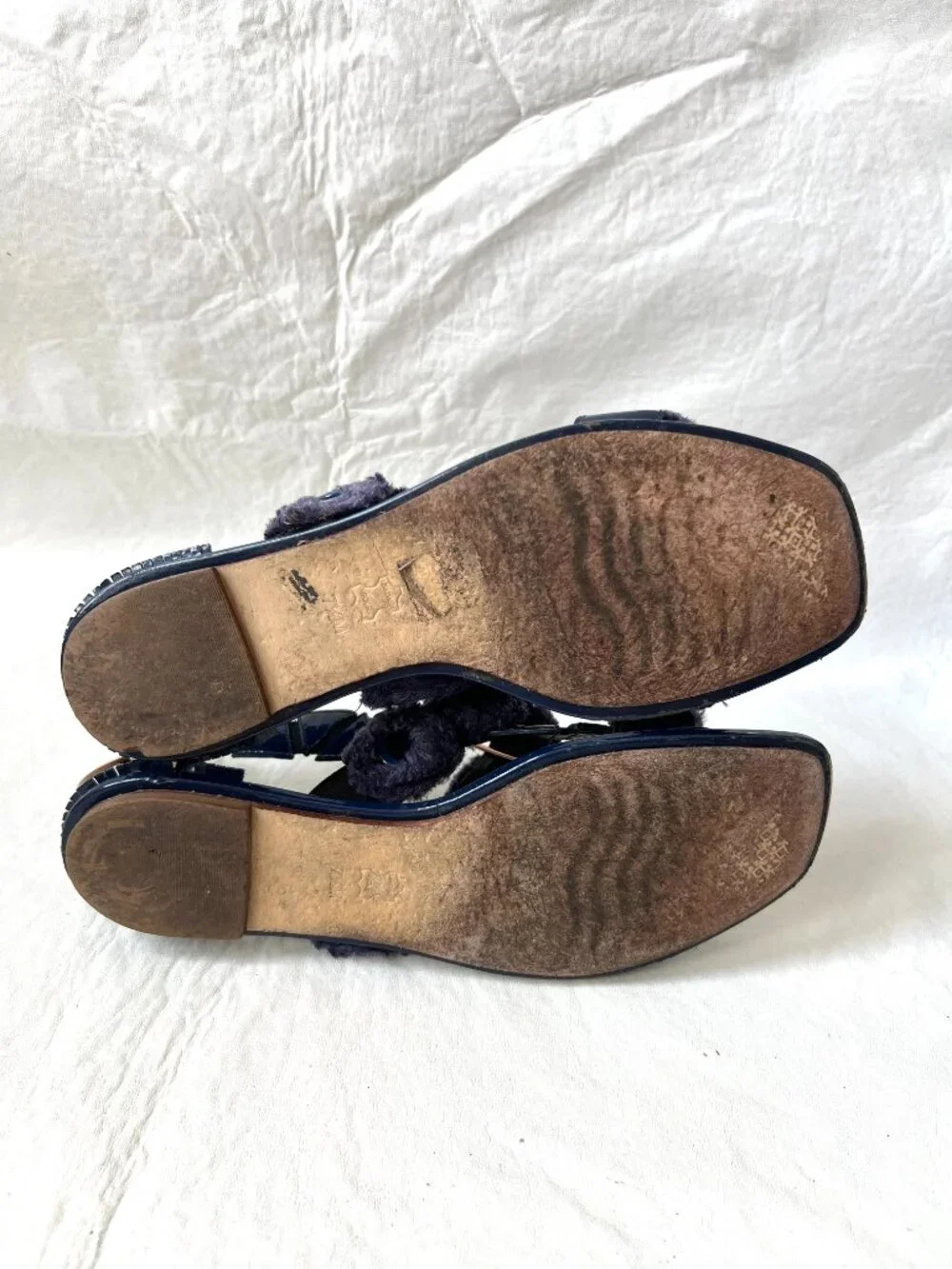Tory Burch sandals blue patent leather womens 7.5 flat slingback Freya fringe